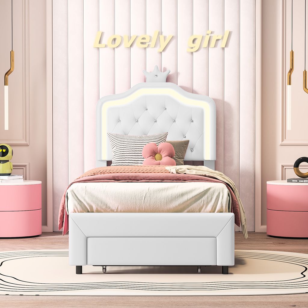 Bettgestell „Crown“ 90 x 200 cm mit LED-Beleuchtung, verstellbarem Kopfteil und Schubladen, Weiß