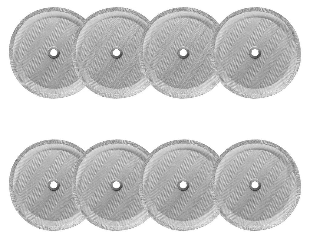 Ten round, silver-colored metal mesh filters arranged in two rows of five on a white background.