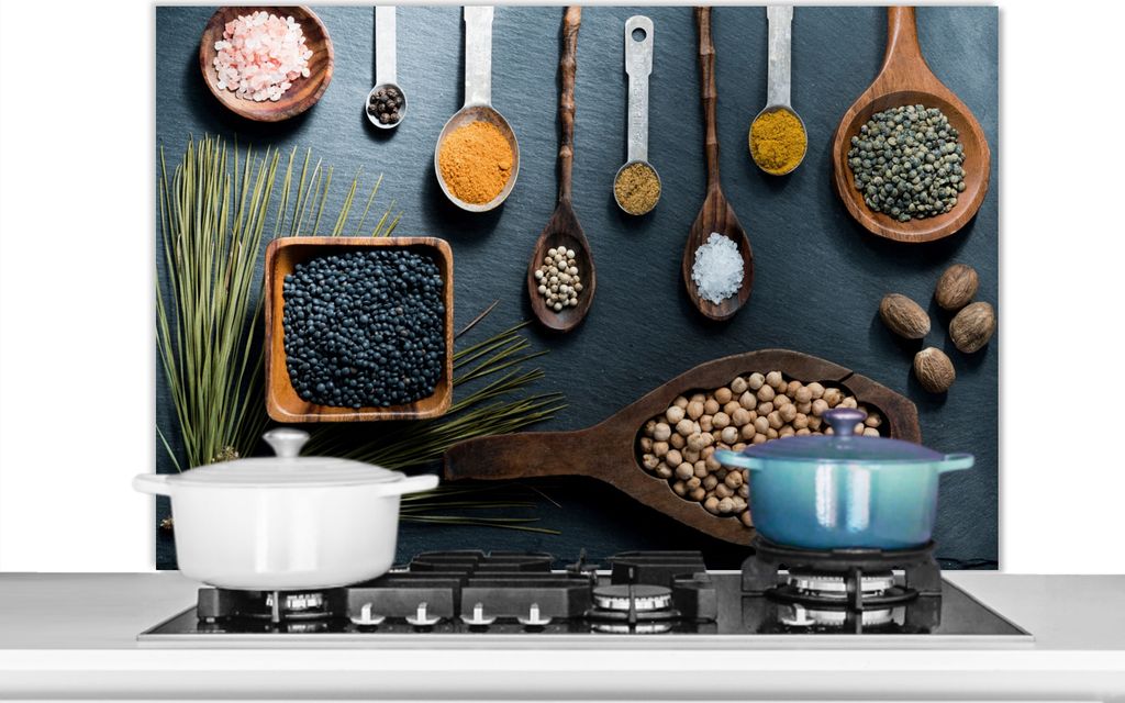 KitchenYeah Spritzschutz Küche - Küchenrückwand - Wandschutz für Herd und Spüle - Kräuter - Löffel - Gewürze - Küche 100x65 - Alu-Dibon...