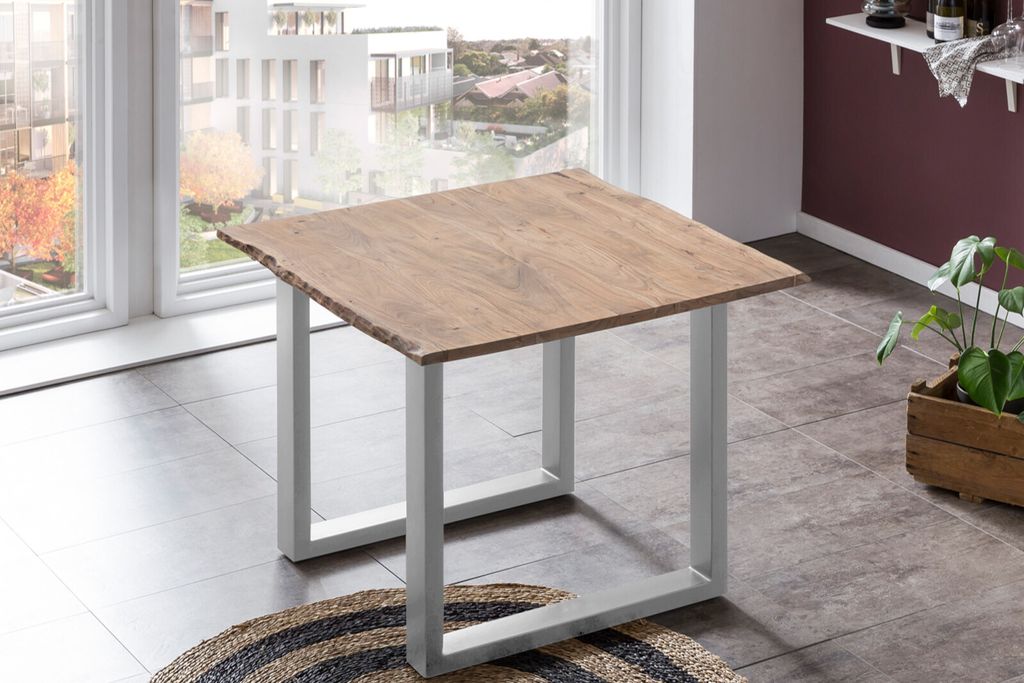 Esstisch Baumkante massiv 90 x 90 cm Akazie stone U-Gestell silber LAURINA