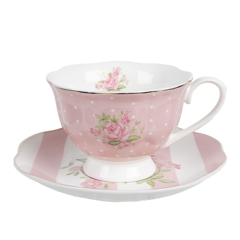 Clayre & Eef Tasse mit Untertasse 200 ml Rosa Weiß Produktbild 
