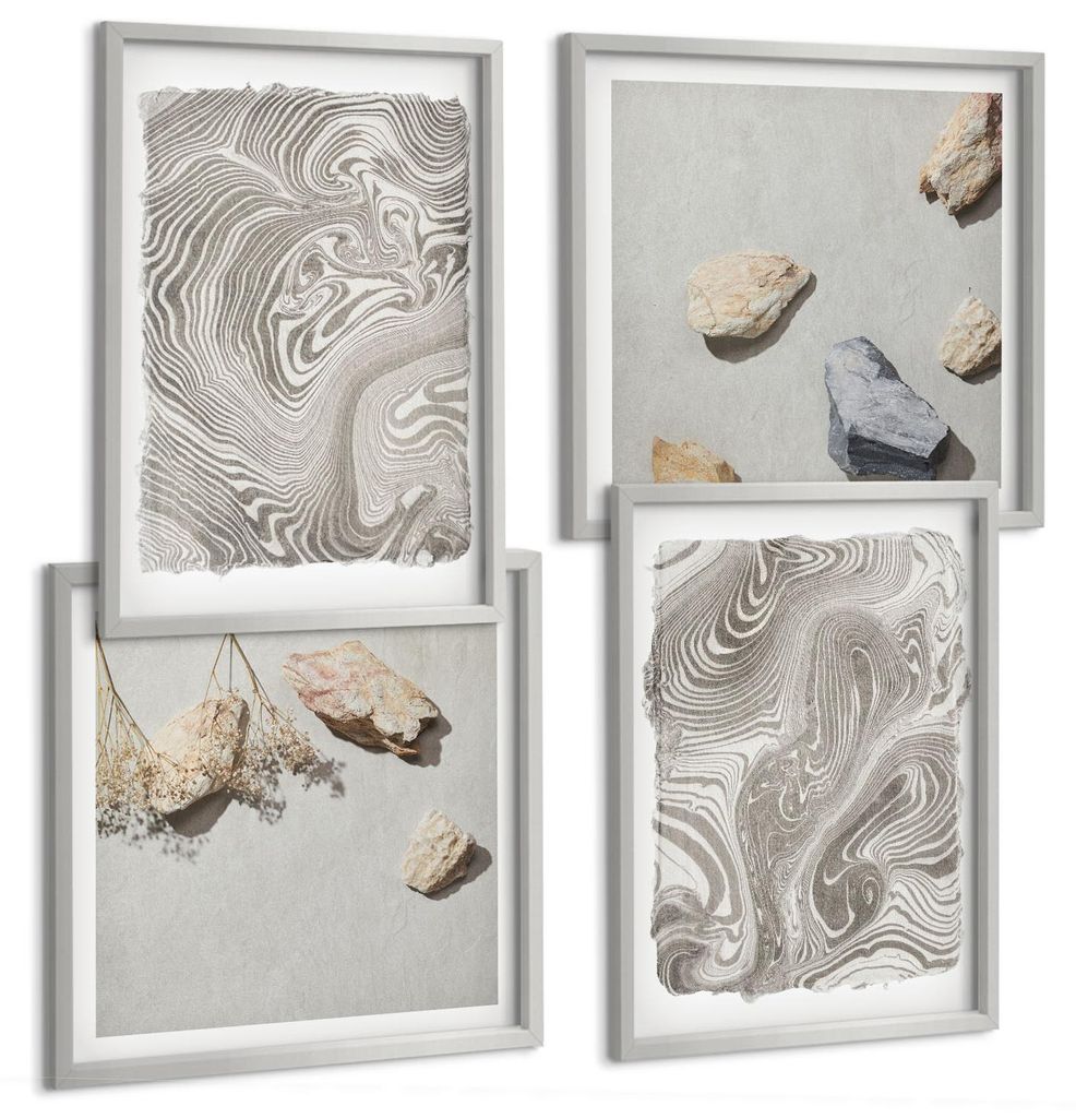 Bilder Set 4-teilig im silbergerahmten Rahmen – Wandbilder 4 Stück – gerahmte Poster für Wohnzimmer, Schlafzimmer und Flur – 50x50 cm - 40x...