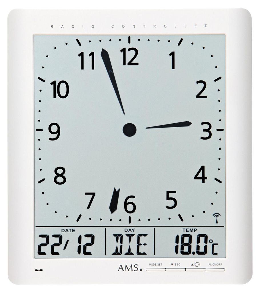AMS Funk-Wanduhr, Funkwerk mit analoger Zeitanzeige und Produktbild 