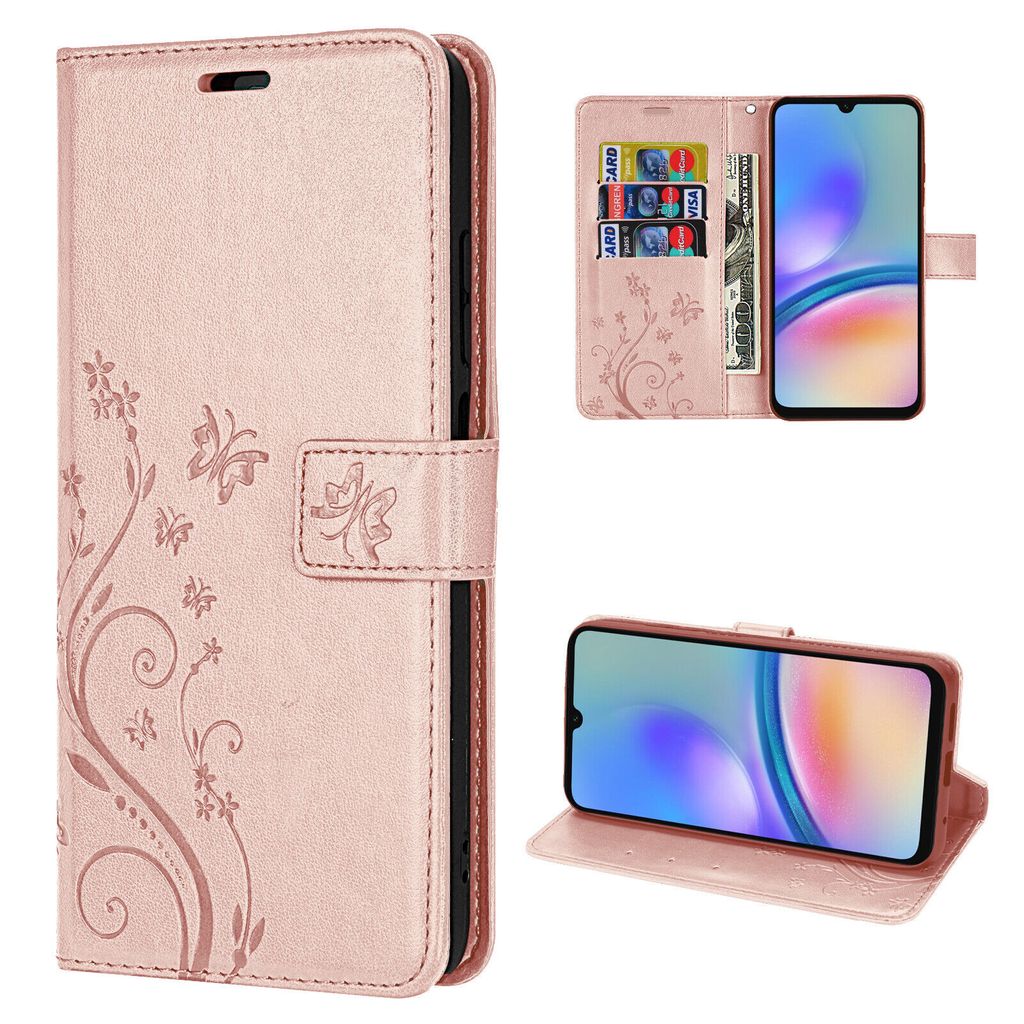 A collage of images showing a rose gold flip phone case with a floral design, including a view of the case open with cards and cash inserted, and a view of the phone inside the case.