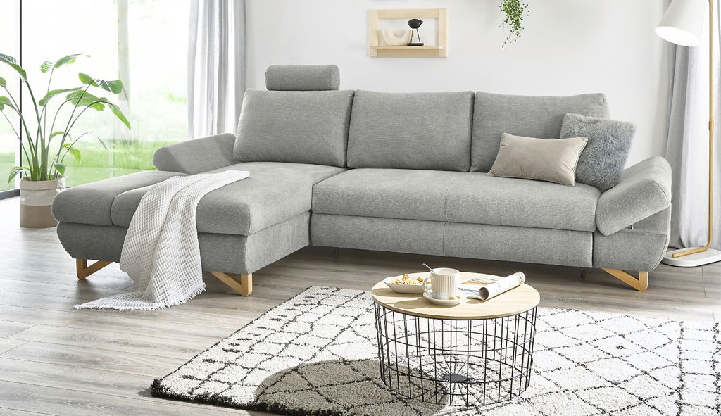 Ecksofa "Skalm" in hellgrau Struktur-Stoff Sofa mit Bettfunktion und Stauraum