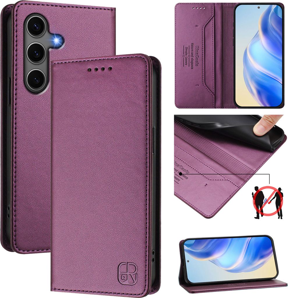 Lederhülle für Samsung Galaxy S24+ Hülle Flip Brieftasche Kartenfächern Ständer Schutzhülle Lila