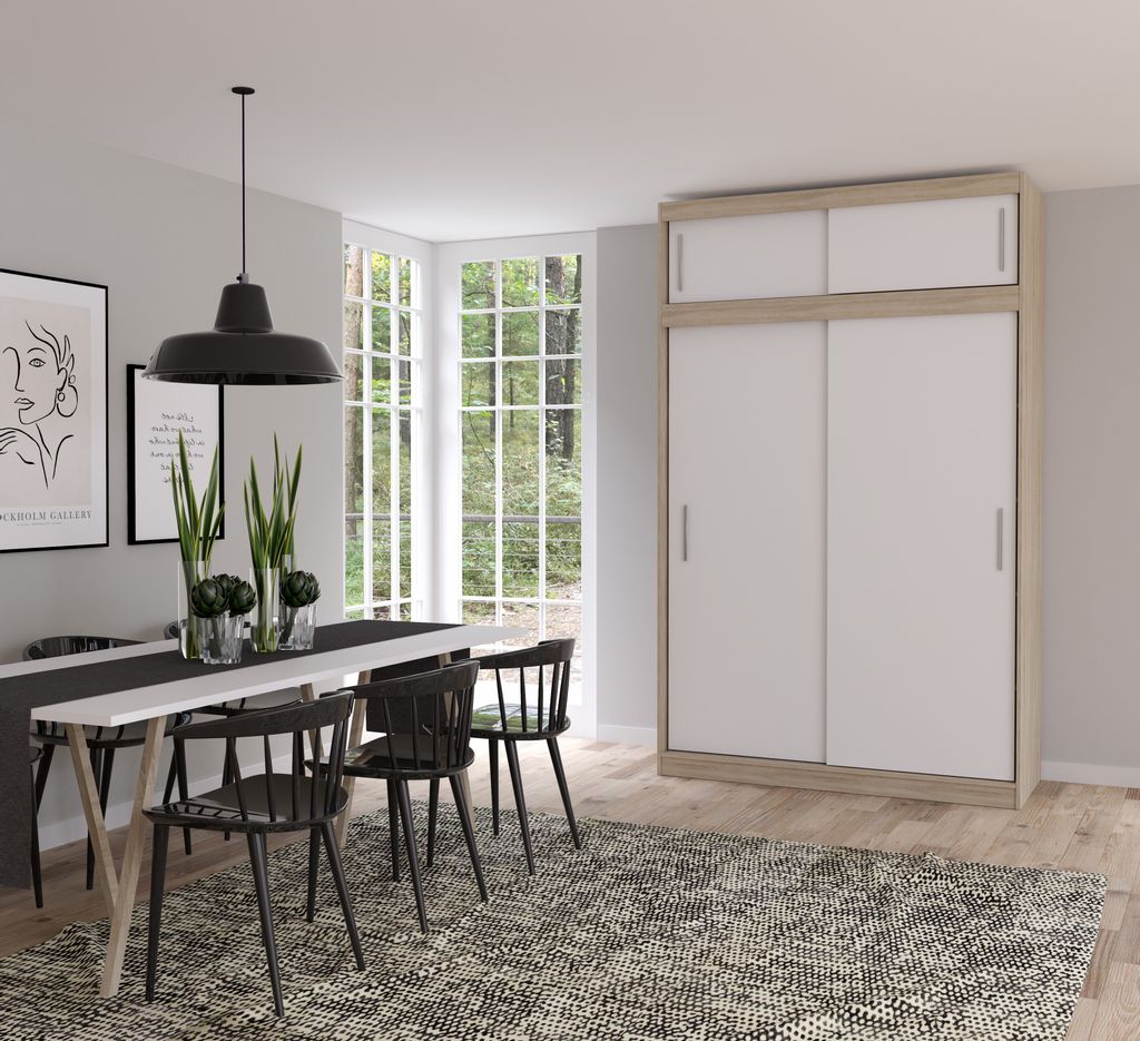 Schwebetürenschrank Kleiderschrank Schrank 150cm mit Aufsatz 150/45/61cm Sonoma/Weiß und Led Beleuchtung Vista 04