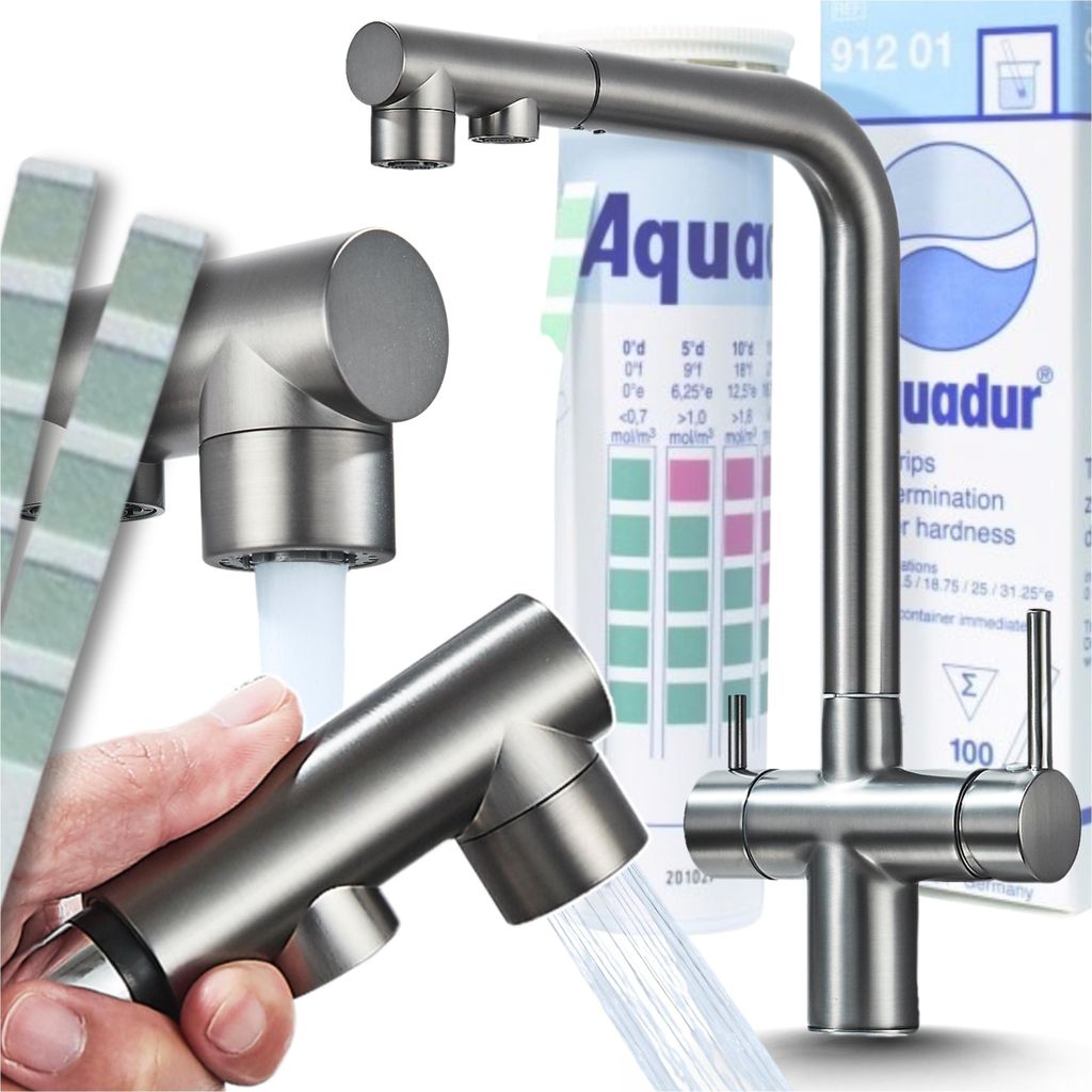 A collage of images showing a kitchen faucet, a hand holding a faucet spray head, and water hardness test strips.