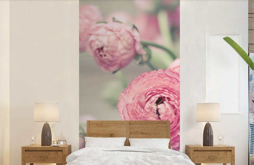MuchoWow Fototapete für Wohnzimmer oder Schlafzimmer Wandtapete Vinyl Motivtapete Rosa Butterblumen in einer Glasvase - 120x240 cm - Hintergrund...