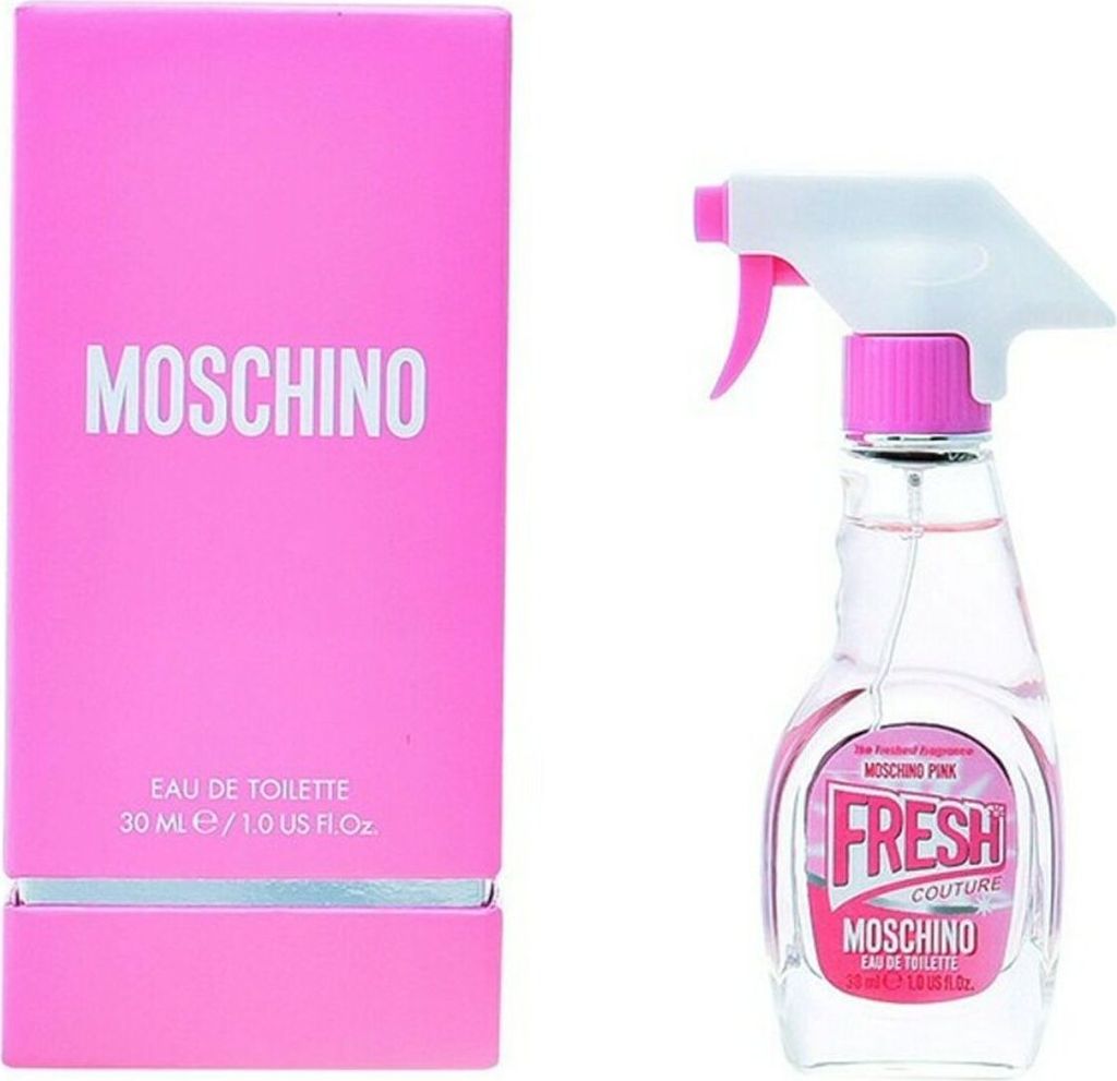 A pink box and a spray bottle of perfume are shown side-by-side against a white background.