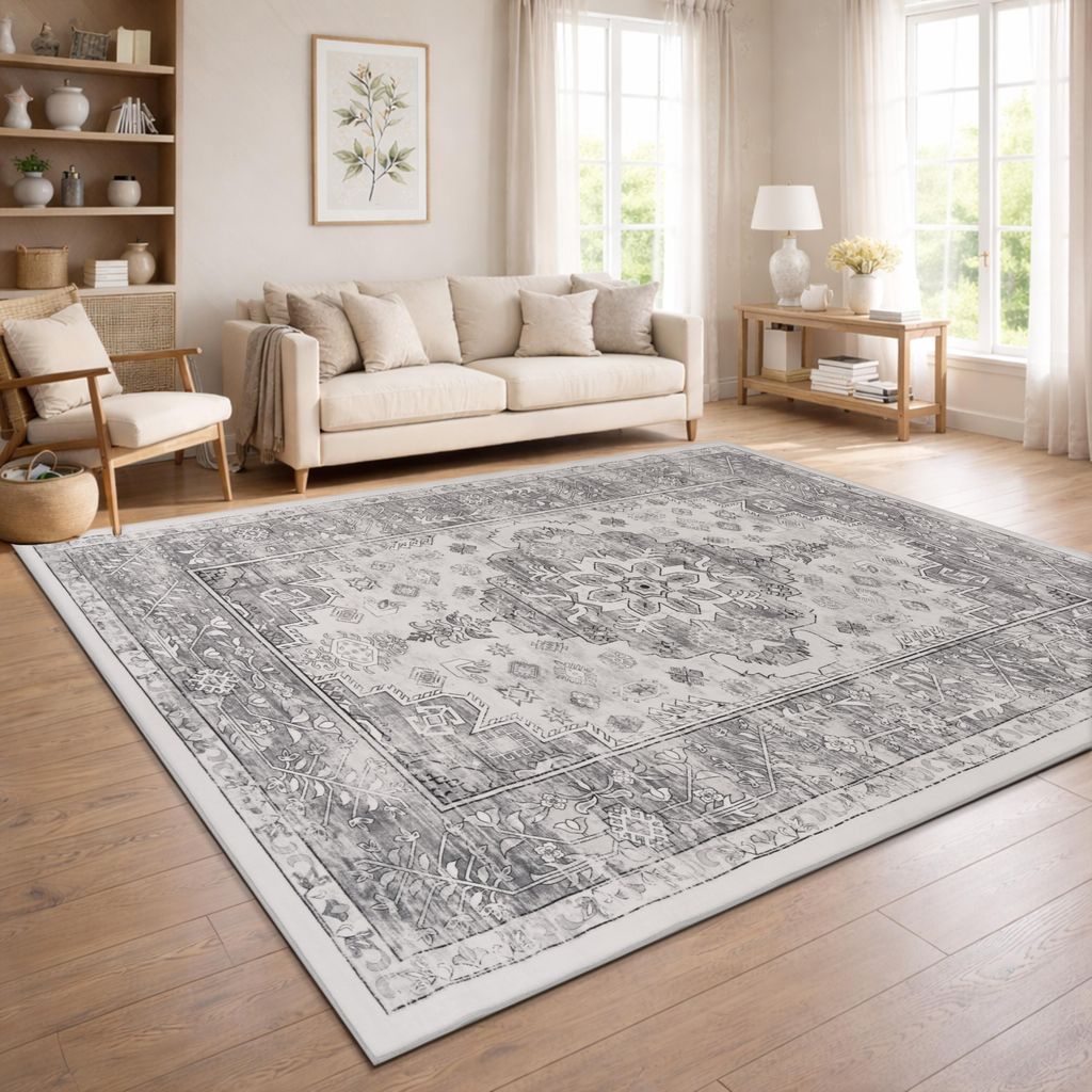 Vintage Boho moderner Wohnzimmerteppich Kurzflor waschbar rutschfest Grau Bunt Grösse 160x220 cm