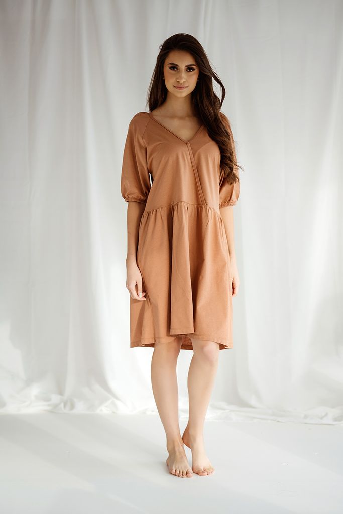 DOLCE SONNO Stillnachthemd – Umstandsnachthemd - Nachthemd für Schwangere und Stillende - 100% Baumwolle – MEGI CARAMEL S