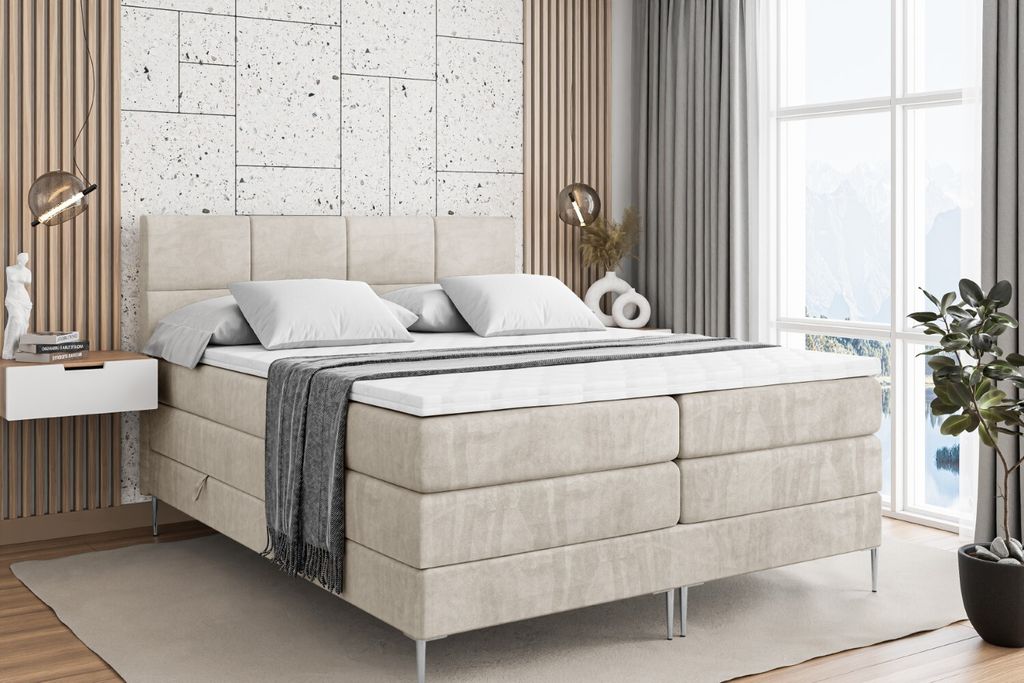 ALTDECOR Boxspringbett mit Silber Füßen, Matratze und Lattenrost, Topper, Polsterbett mit Bettkasten, Bett mit Stauraum H3- und H4- Matratze, Dop...