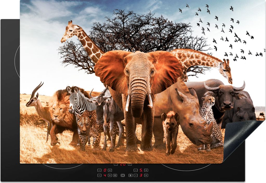 KitchenYeah Herdabdeckplatte Tiere - Giraffe - Elefant , 78x52cm, Küche Deko, Glaskeramikfeld Herdabdeckung, Abdeckplatte fùr Kochfeld