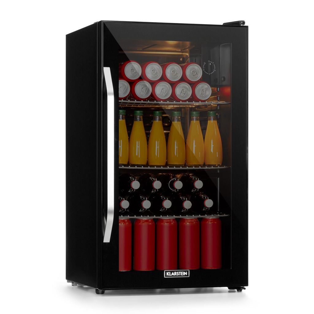 Glastür Mini-Kühlschrank 0 bis 10 °C schwarz-silber wechselbarer Türanschlag 201 L Getränke-Kühlschrank mit Edelstahl-Front Klarstein Beersafe