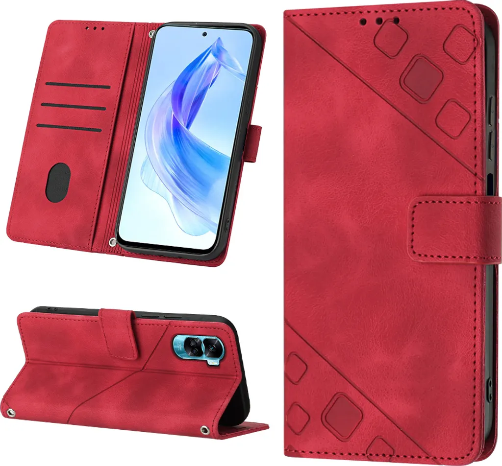 Custodia per Honor 90 Lite in rilievo Custodia a portafoglio in pelle flip con funzione stand rosso