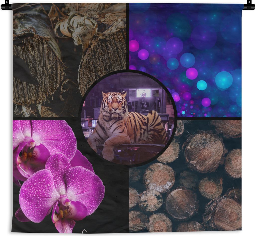 MuchoWow Wandteppich Wandbehang Tiger - Collage - Holz - Orchidee 150x150 cm Tapisserie Dekoration Wandtuch - Wohnaccessoires - Modernes