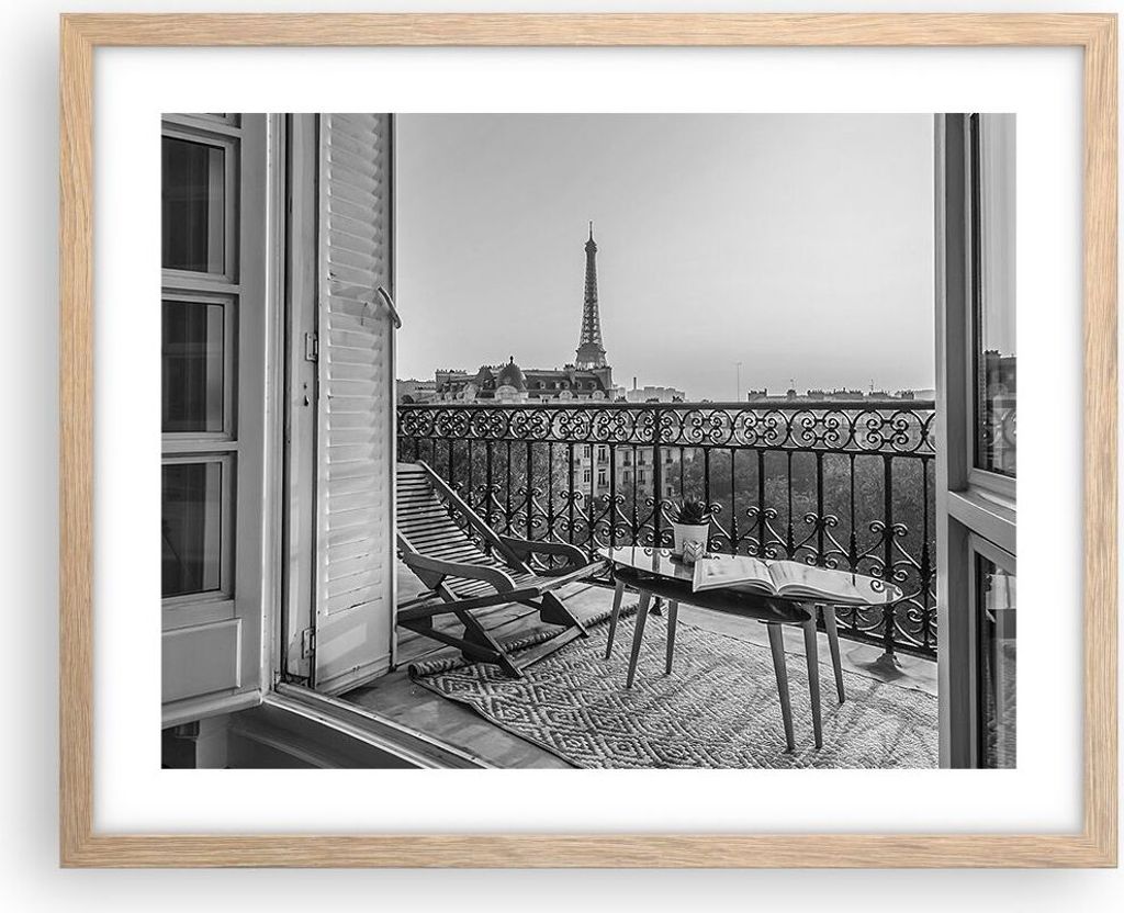 Gerahmtes Poster - Rahmen in heller Eiche - Schwarzweiß Paris Balkon - 50x40 cm - Wand Bild - Wanddeko - Wandbilder - Kunstposter - Wandposter - B...