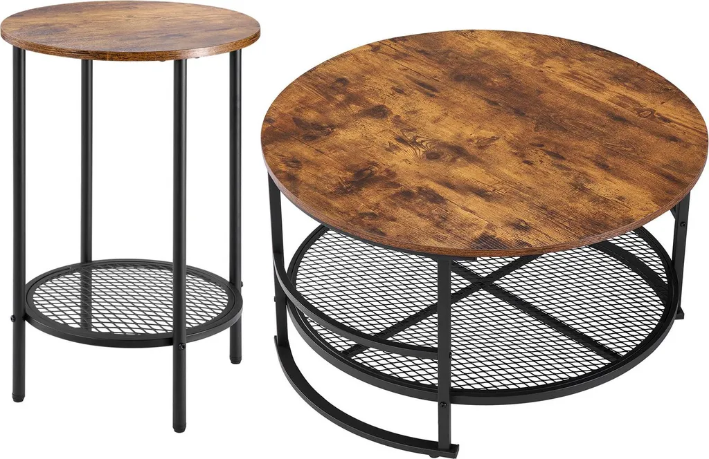 Table basse industrielle et 2 tables de bout rondes avec pieds en métal