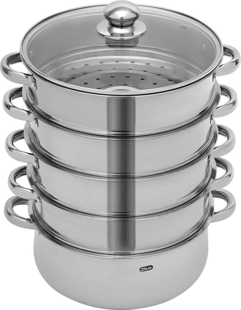 Dampfgarer Topf - 5-stöckiger Dampfkochtopf 28 cm - 304 Edelstahl - Glasdeckel - Induktion geeignet - 15 kg je Ebene - Silber