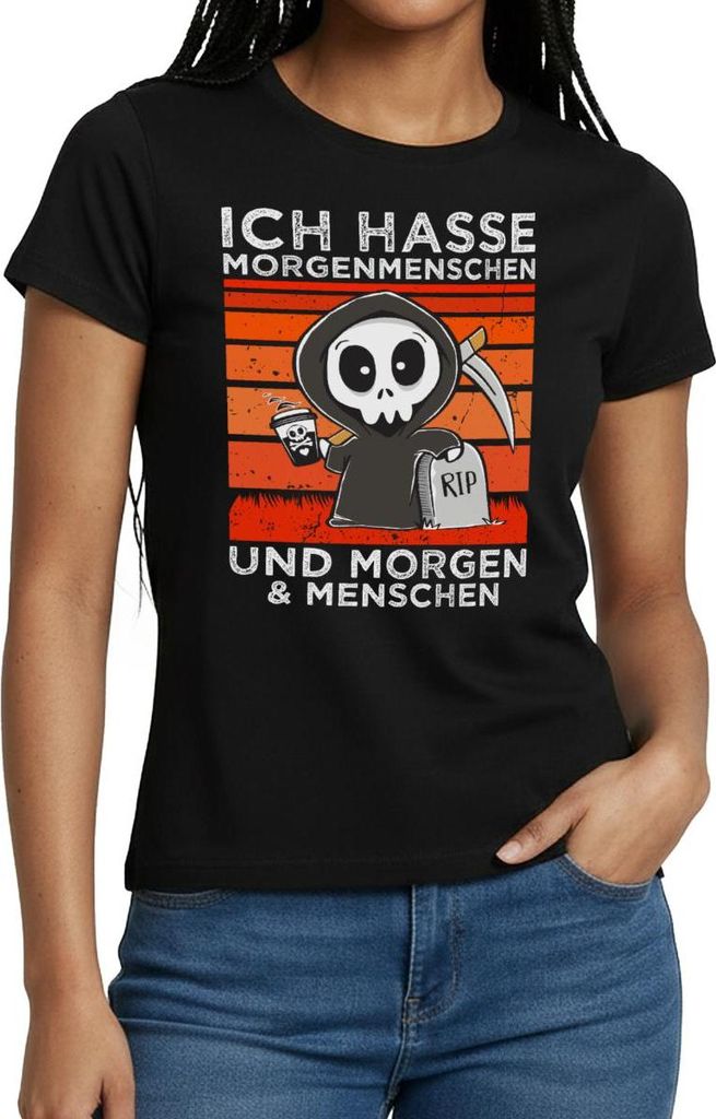 Spreadshirt Ich Hasse Morgenmenschen Lustiger Sensenmann Frauen T-Shirt, XL, Schwarz