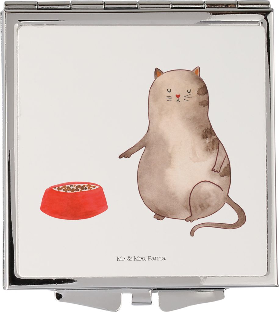 Mr. & Mrs. Panda Schminkspiegel Katze Fressen - Weiß - Geschenk, Klappspiegel, Klappbarer Spiegel, Kosmetikspiegel, Mini, Handspiegel