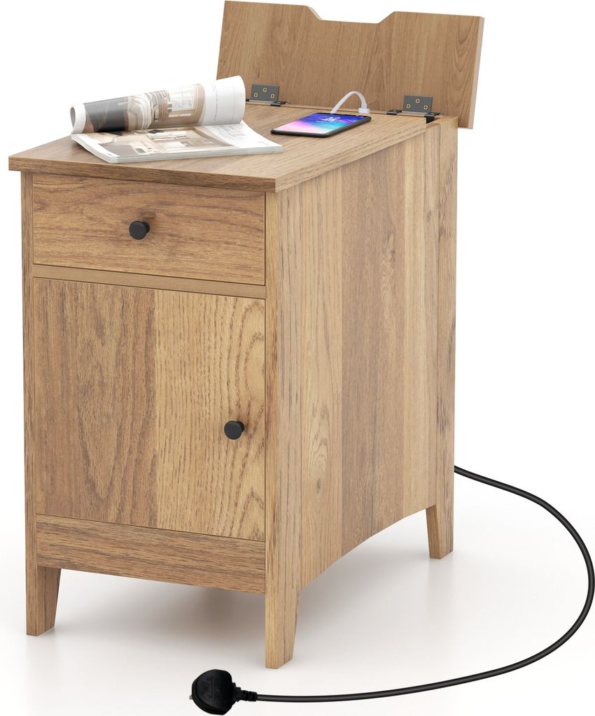 COSTWAY Beistelltisch mit Zeitschriftenständer, Ablagetisch mit USB-Anschlüssen & Steckdosen, schmaler Nachttisch mit Schublade & Schrank Natur