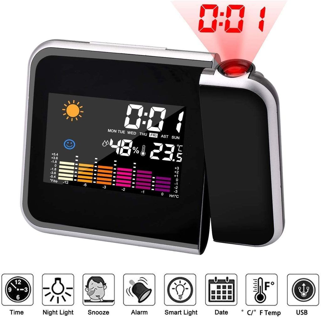 LCD Digital Projektionswecker mit Snooze Temperatur Kalender Zeit Tischuhr Black 