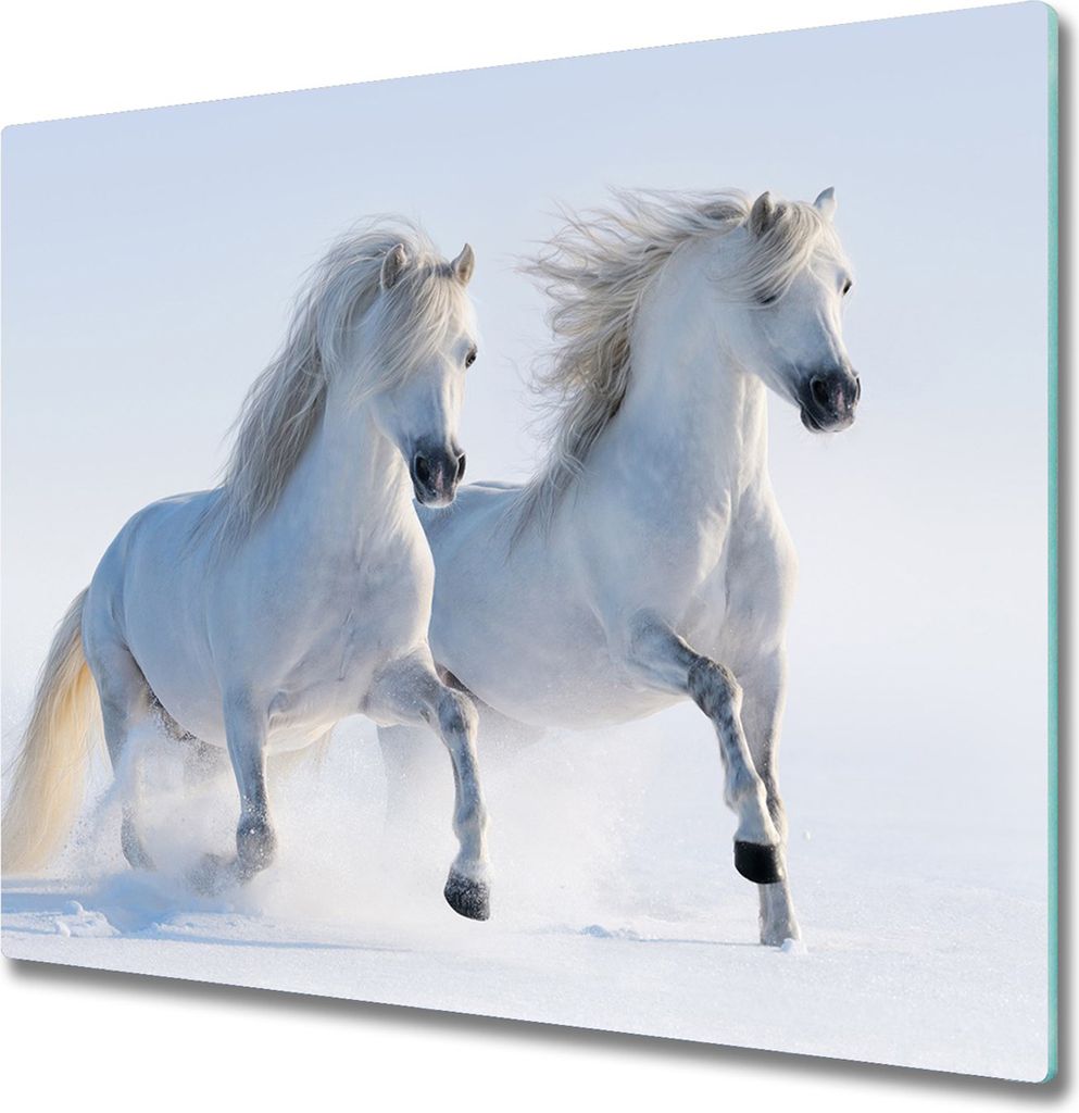 Glas Herdabdeckplatte 60x52 cm Spritzschutz Glasabdeckplatte Schneidebrett Zwei Pferde Schnee
