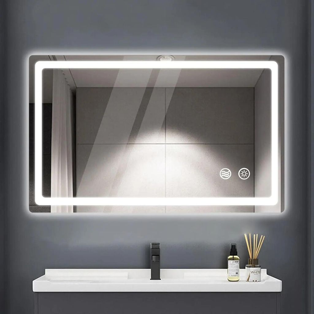 Badezimmerspiegel mit LED - Wandmontage 70x50 cm Rechteckig - Beschlagfrei - Dimmbarer Touch-Schalter - COB-LED-Lichtleiste - 3 Lichtfarben - Burgu...