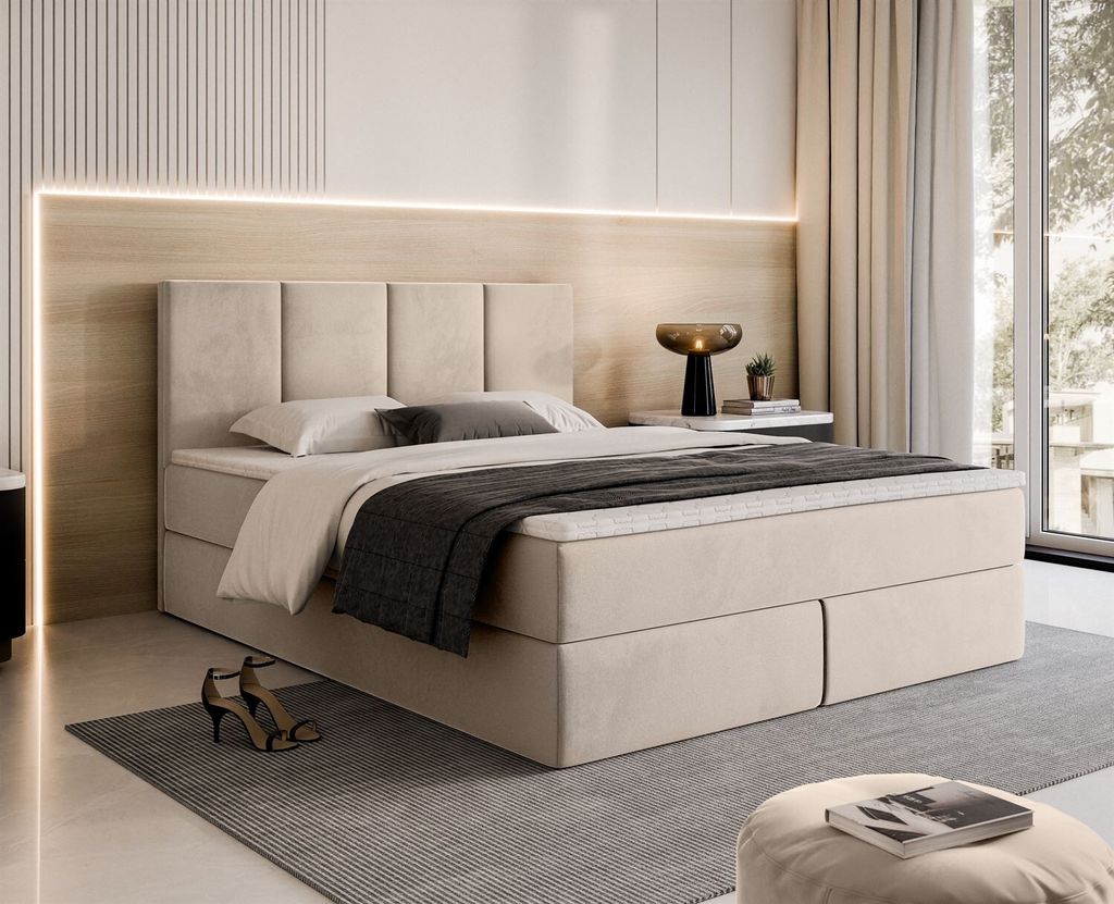 Gepolstertes Bett ELZA, 140x200 – Jasmine 21 / mit Topper