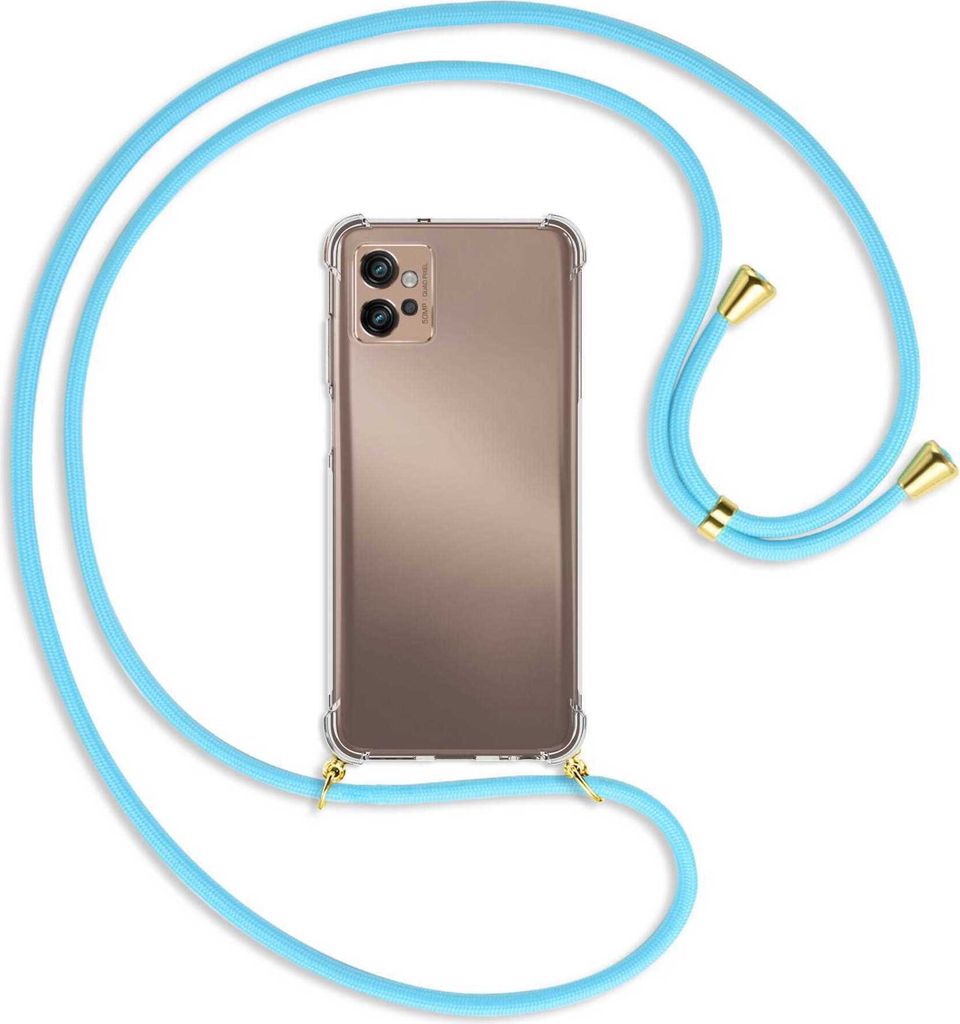 Handykette Backcover-Schutzhülle mit Band (Metall goldfarben) für Motorola Moto G32 (6.5'') - himmelblau