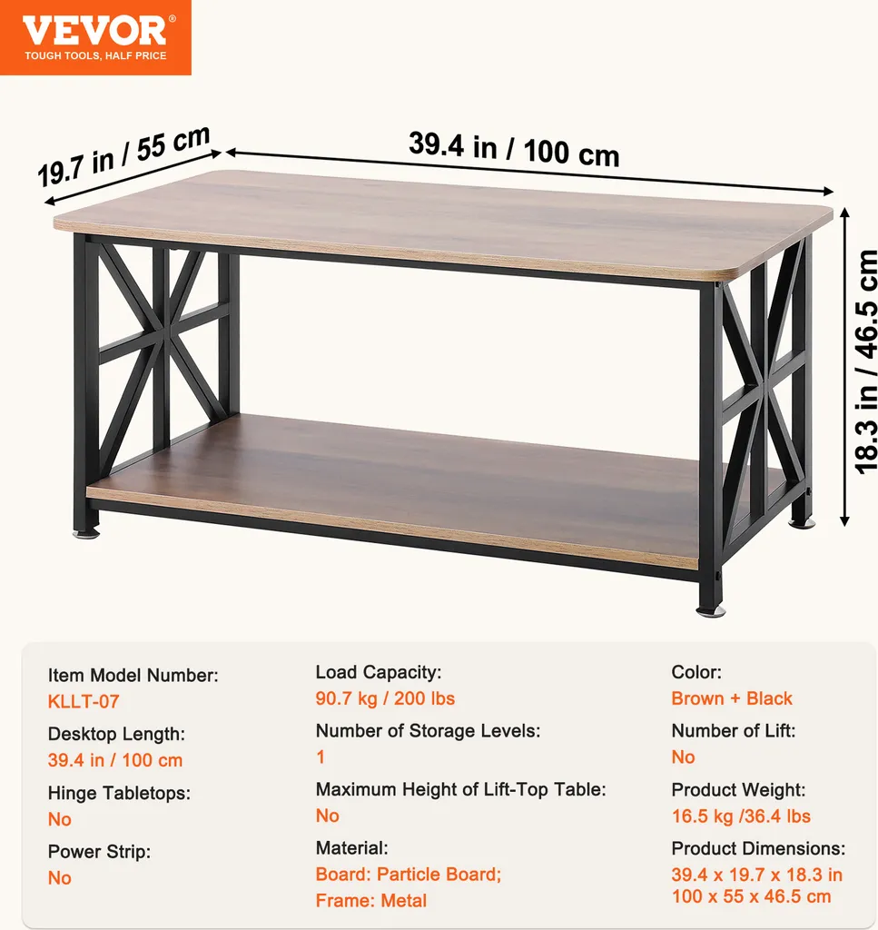 Table basse VEVOR style ferme 100 cm avec rangement ouvert bois rustique