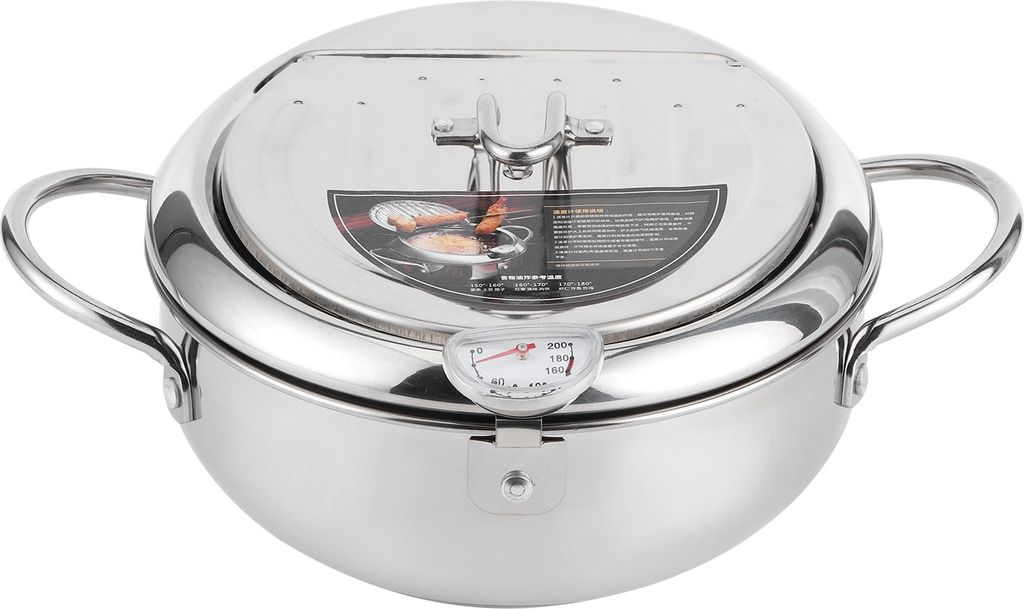A stainless steel deep fryer pot with a thermometer.