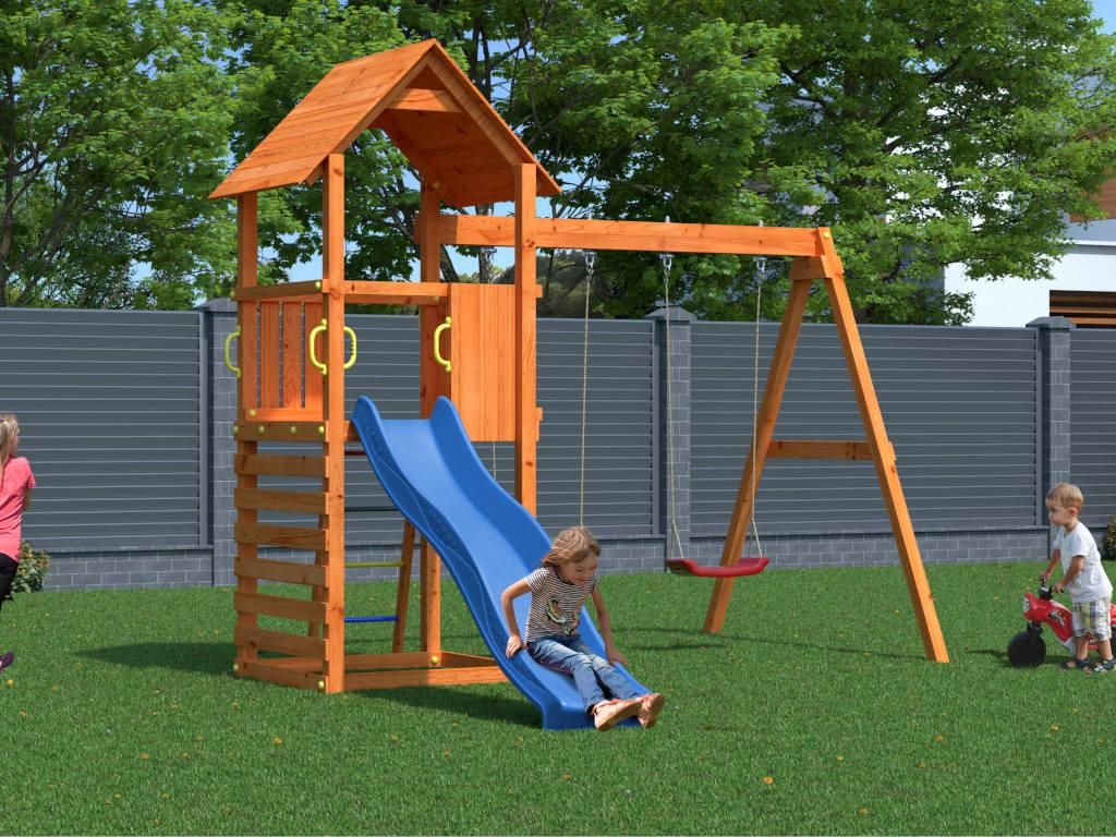 Spielturm Bento A teakfarben inkl. Rutsche blau