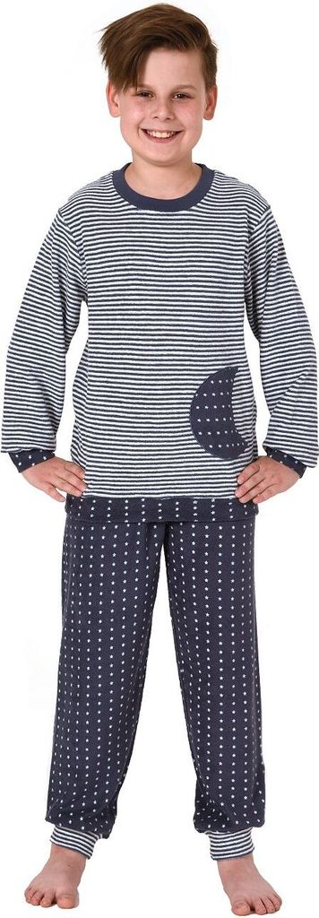 Mädchen Frottee Pyjama mit Bündchen, warmer Kinder Schlafanzug in toller Ringel-Optik ; Ringelmarine , 116