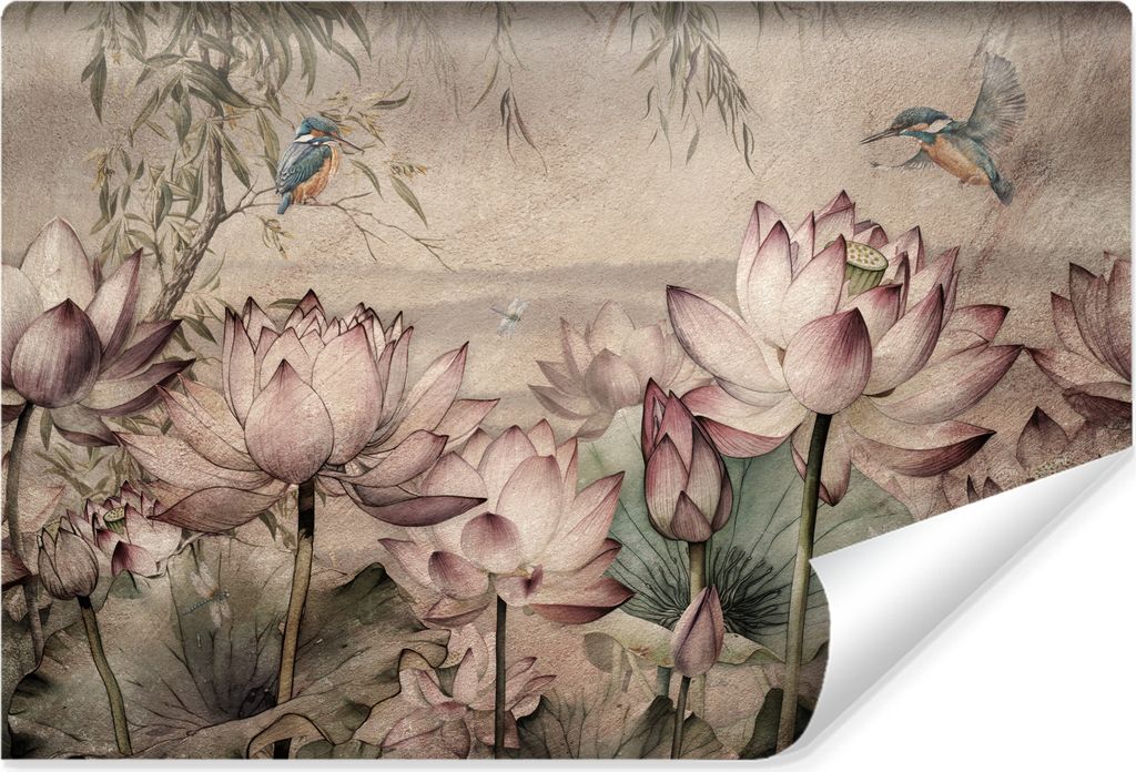 Muralo Selbstklebende Fototapete LOTUSBLUMEN Blätter Vögel Libellen Pflanzen Beton Retro Br. 315cm x Hö. 210cm