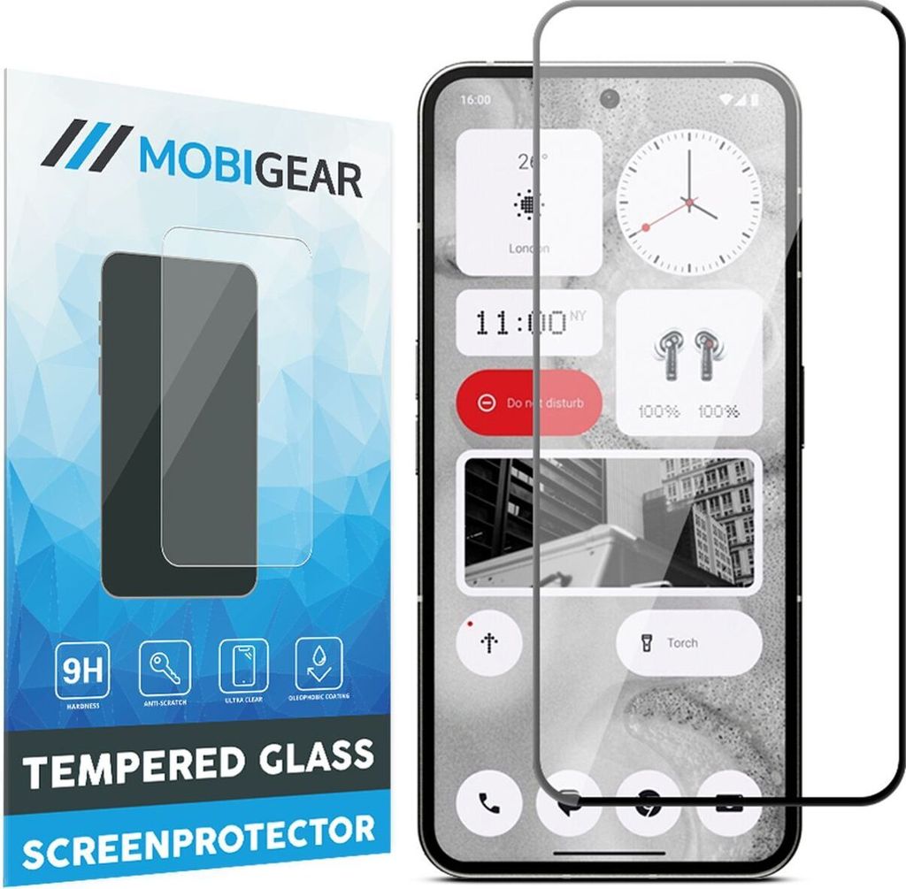 A product shot showing the packaging for a screen protector and the screen protector itself placed over a smartphone screen.
