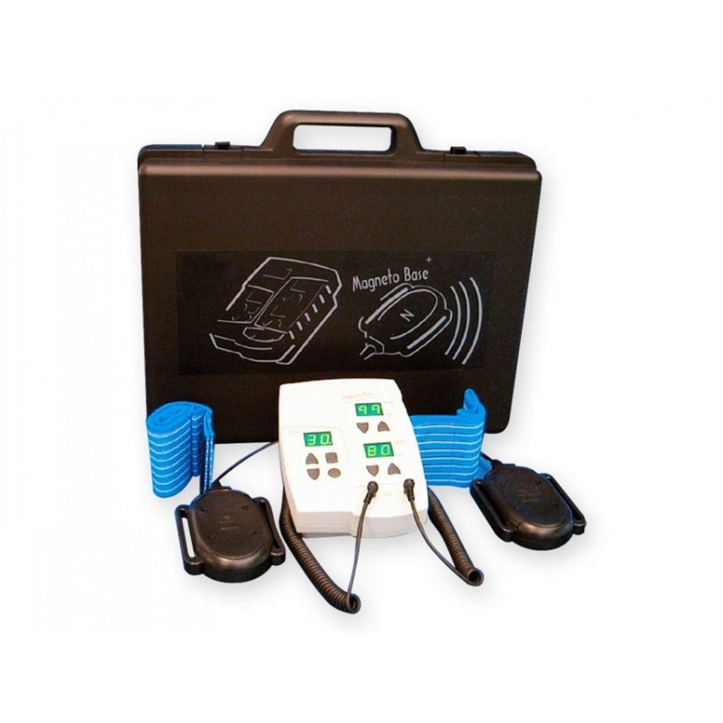 A medical device kit with a carrying case, control unit, and accessories, displayed on a white background.