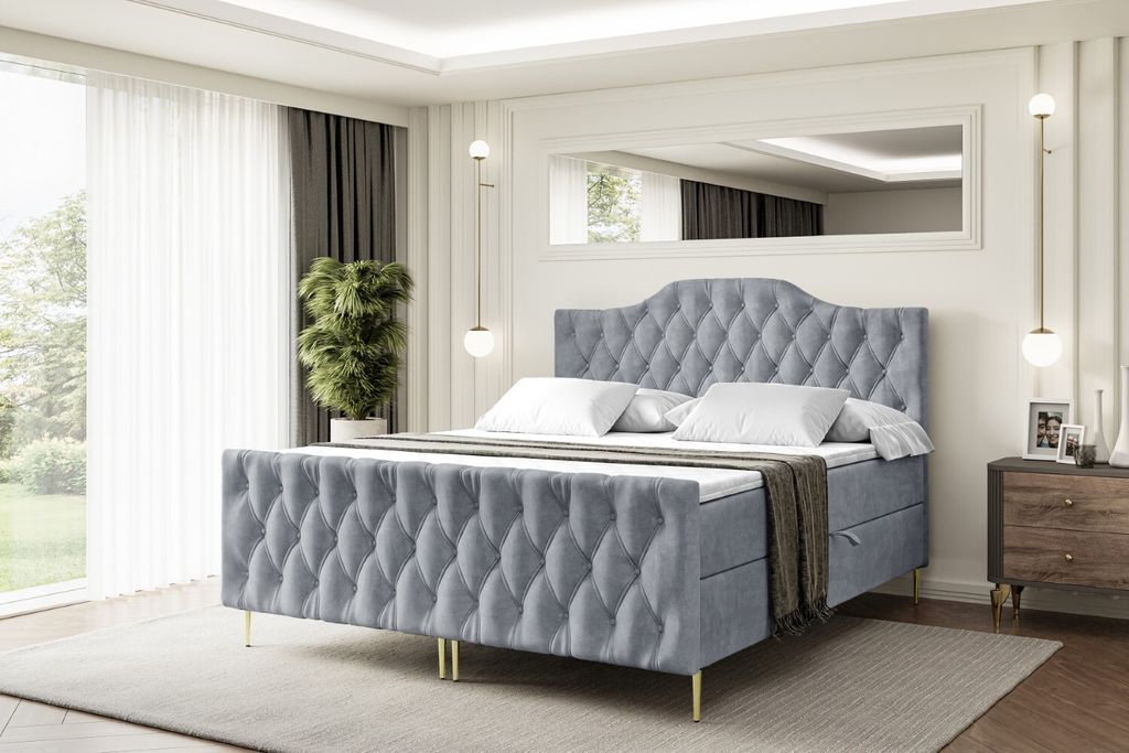 ALTDECOR Boxspringbett mit Gold Füßen, Matratze und Lattenrost, Topper, Fußteil, Polsterbett mit Bettkasten, Bett mit Stauraum H4-Matratze, Dopp...