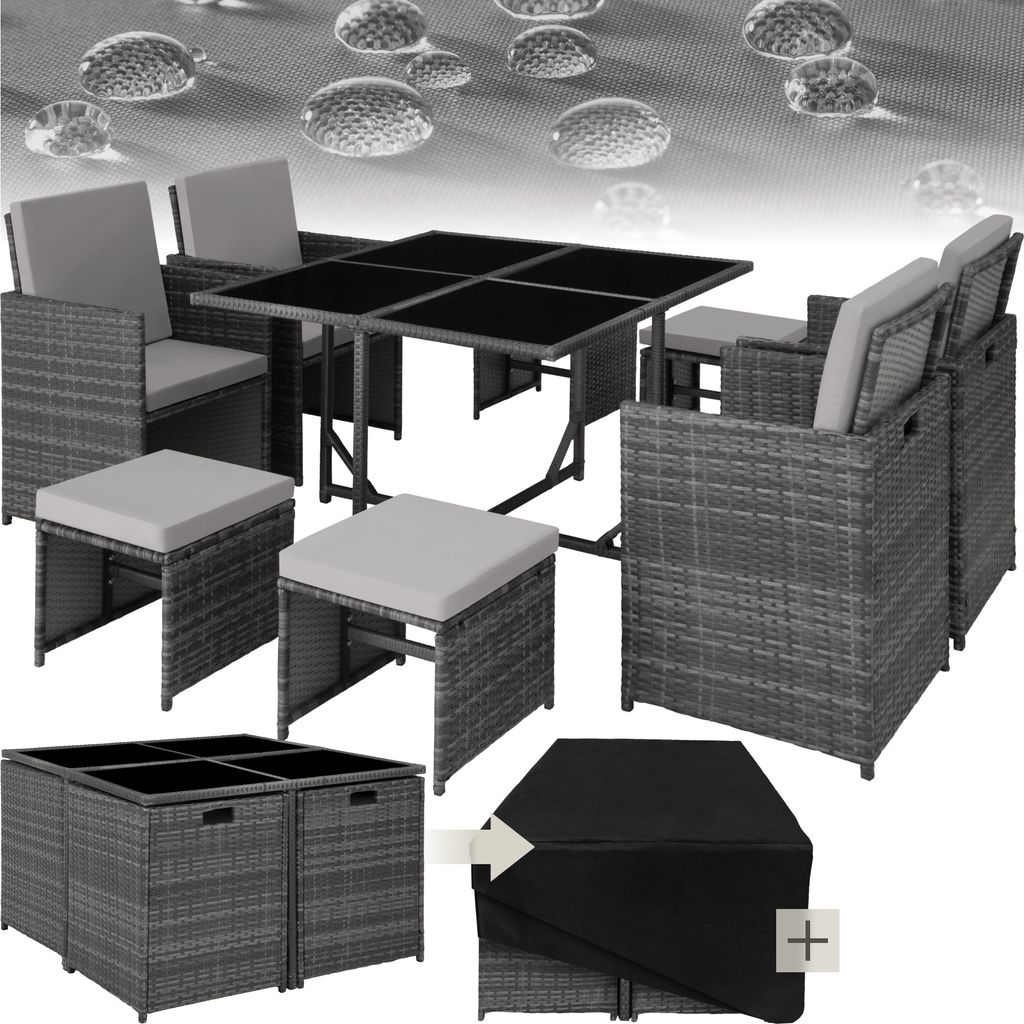 A rattan garden furniture set is displayed with water droplets on a textured background.