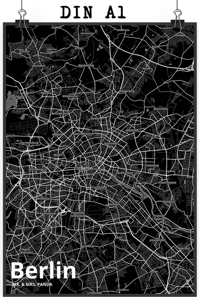 Mr. & Mrs. Panda Bild Berlin DIN A1 - Geschenk, drucke, Wandbild, Wanddekoration, wanddeko, Stadt, Plakat, Dorf Karte Landkarte Map Stadtplan