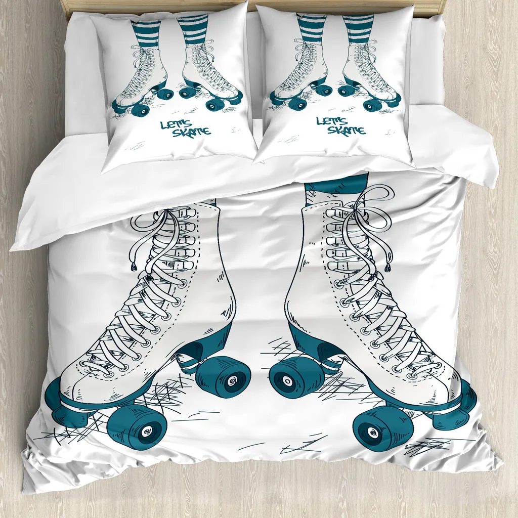 ABAKUHAUS Set copripiumino vintage per letti matrimoniali, pattini a rotelle retrò, antiacaro, adatto a chi soffre di allergie, con federe, blu-verde-bianco