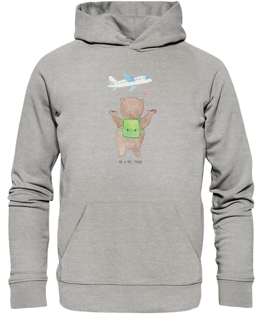 Mr. & Mrs. Panda Organic Hoodie Bär Flugzeug Größe M - Heather Grey - Geschenk, für Frauen, Kapuzenpulli, Baumwollpulli, Hoody, Hochzeitstag, F...