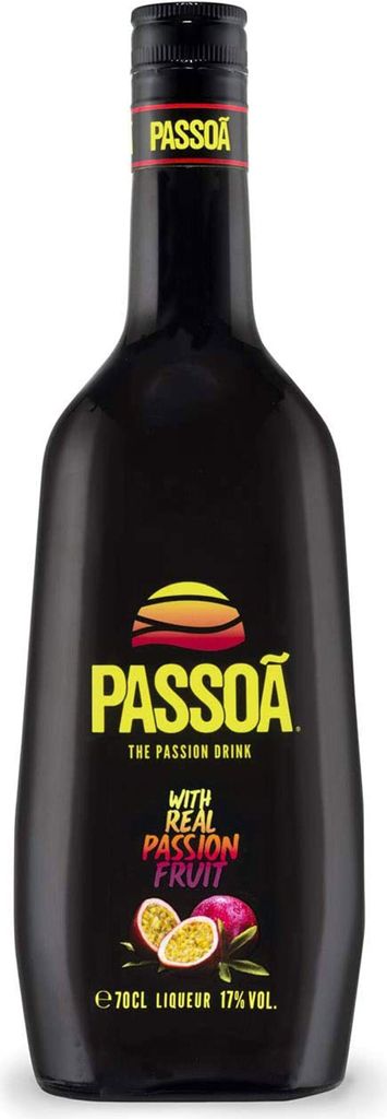 A bottle of Passoa passion fruit liqueur against a white background.