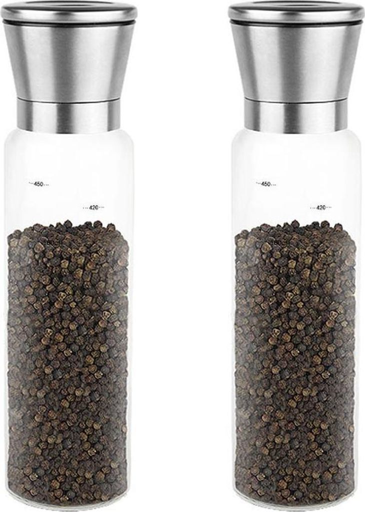 Premium Edelstahl Salz- und Pfeffermühle 2er Set Borosilikatglasbehälter - Einstellbarer klarer Pfeffer