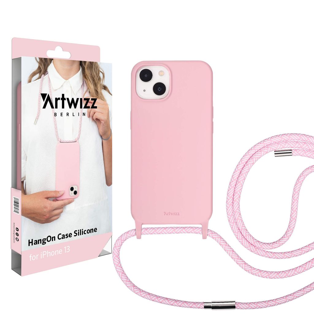 ARTWIZZ HangOn Case Silicone für iPhone 13 - Schutzhülle aus Silikon zum Umhängen als Handykette, Light Sals (Rosa)