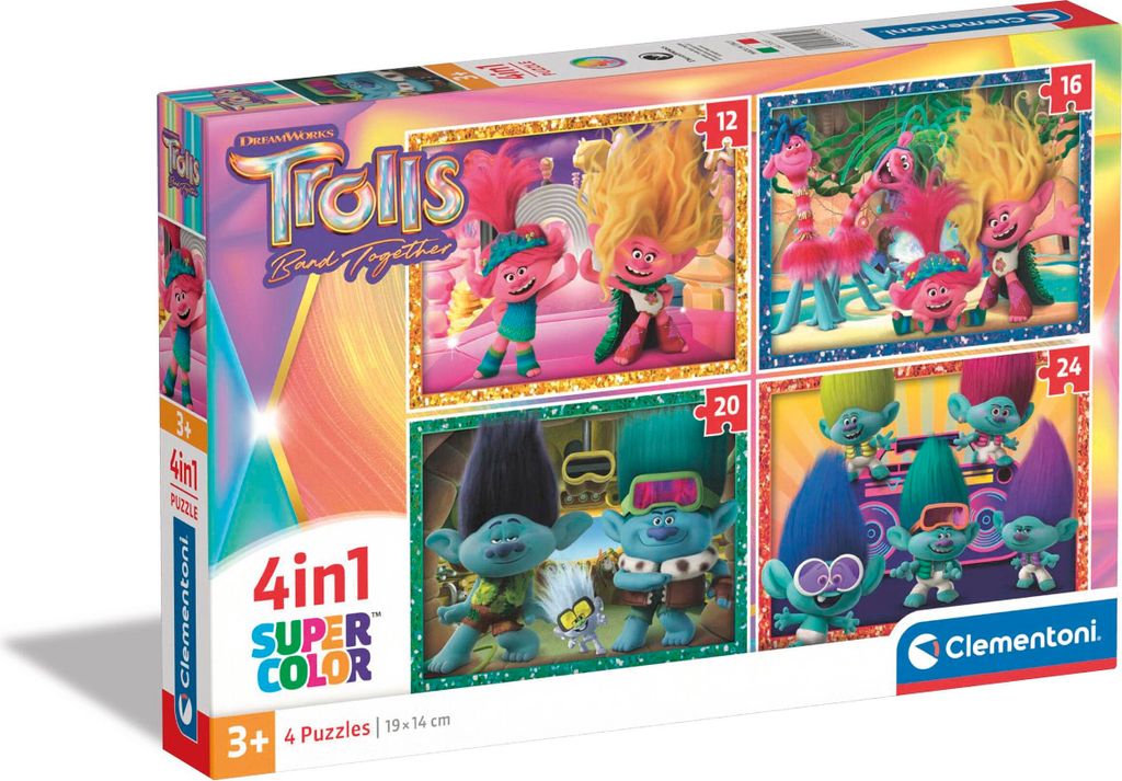Clementoni - 21527 - Supercolor Puzzle 4 in 1 - Trolls 3 - Puzzle 12,16,20,24 Teile Ab 3 Jahren, Buntes Kinderpuzzle Mit Besonderer Leuchtkraft & F...
