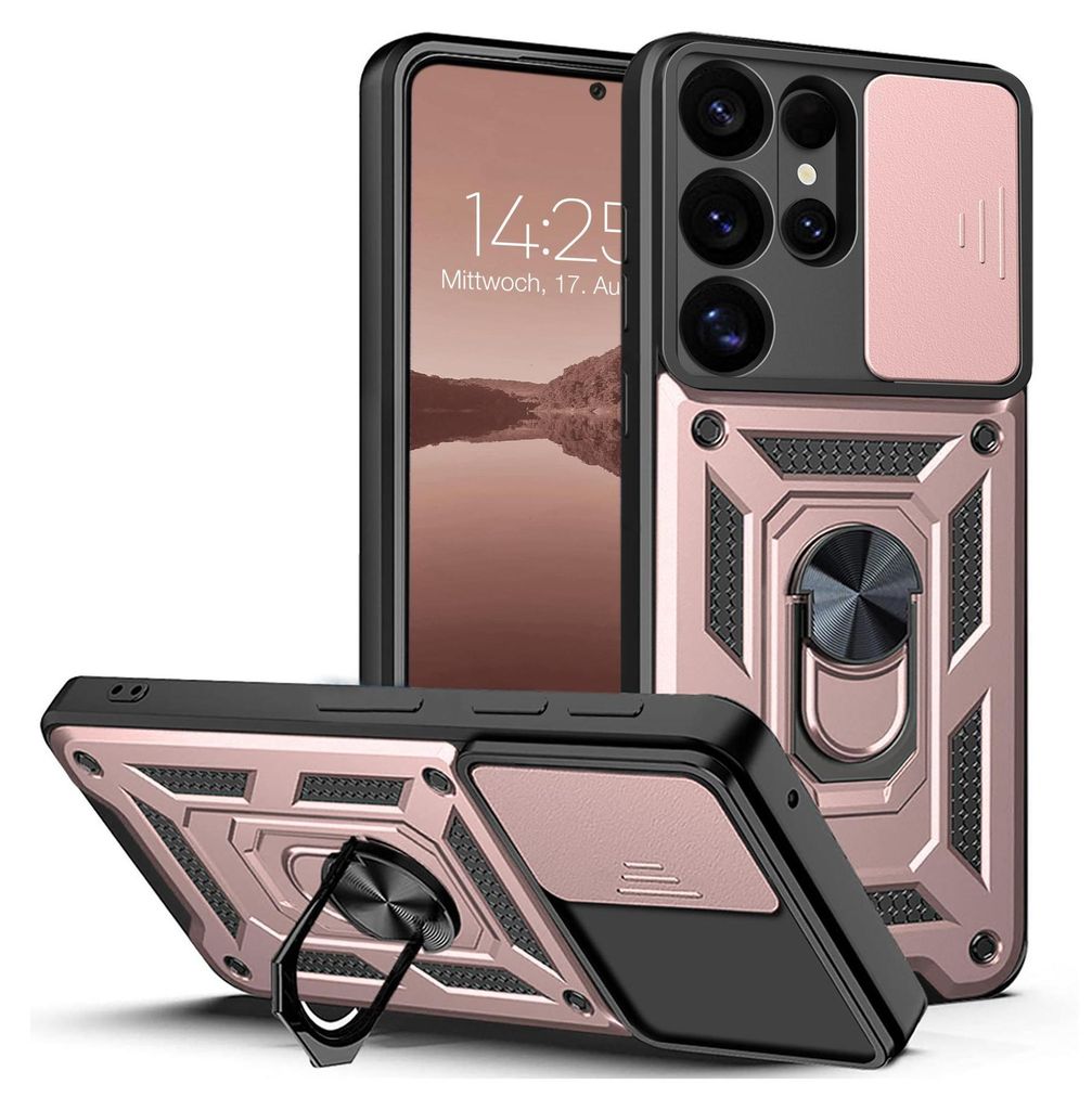 A product shot of a phone case with a ring holder and camera cover.