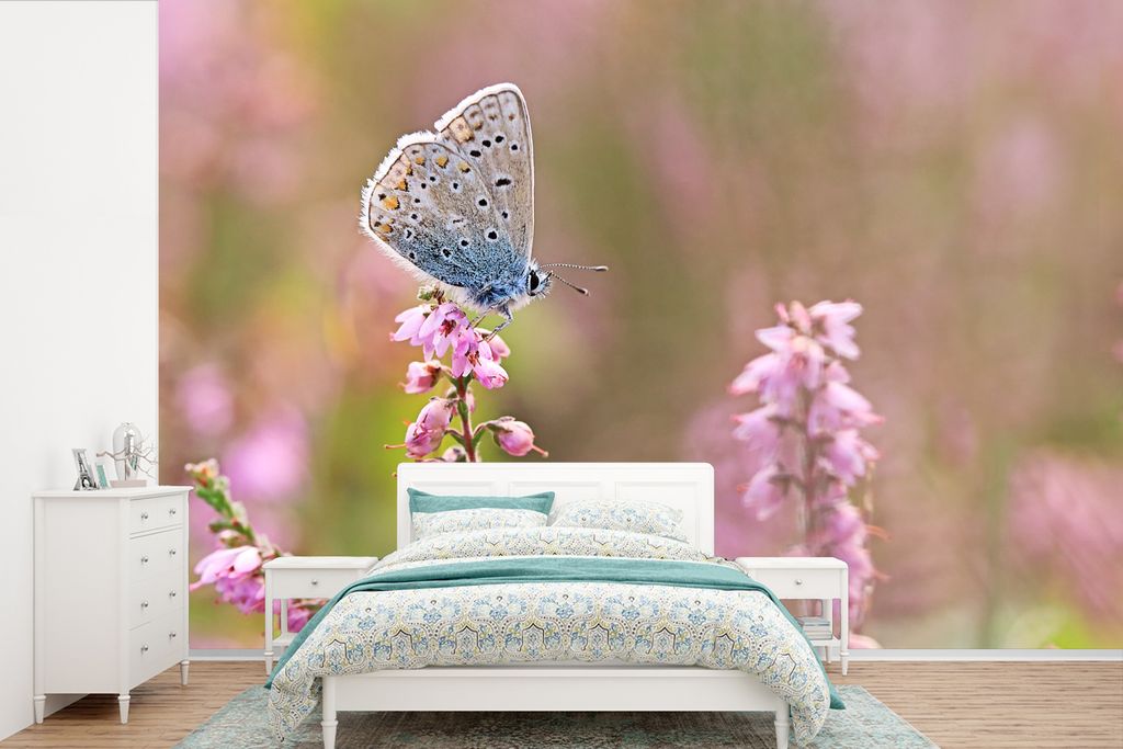 MuchoWow Fototapete für Wohnzimmer oder Schlafzimmer Wandtapete Vinyl Motivtapete Schmetterling - Blume - Flügel - 525x350 cm - Das Hintergrund...